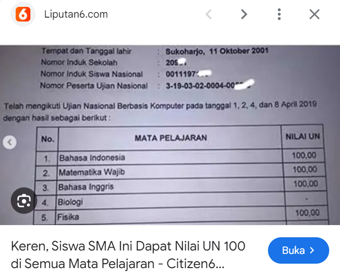 Gambar Nilai UN tinggi